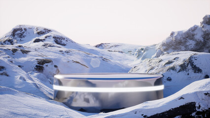 Chrome podium in winter mountains on clean modern background best showcase