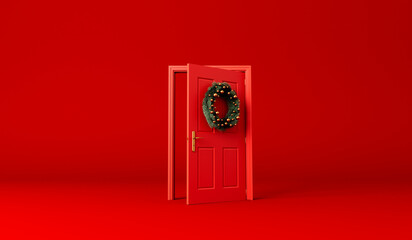 Festive christmas wreath of fir branches at a red open front door. 3D Rendering