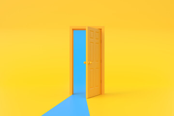 Blue light going through the opening door in yellow background room. Architectural design element. Minimal creative concept. 3D rendering 3D illustration