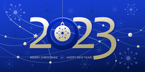 New 2023 Year. Christmas background. Winter horizontal postcard, poster. Abstract decor.