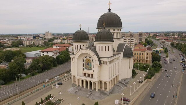 Drone footage of the Orthodox Cathedral in Arad city Romania. Video was shot from a drone while flying through the cathedrals towers at close proximity.