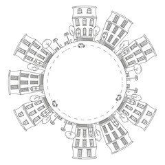 Round frame with a drawing of a city landscape, made in the style of line art. Editable stroke. Element for creating a logo or emblem. Vector illustration