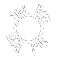 Round frame with a drawing of a city landscape, made in the style of line art. Editable stroke. Element for creating a logo or emblem. Vector illustration