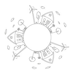 Round frame with a drawing of a city landscape, made in the style of line art. Editable stroke. Element for creating a logo or emblem. Vector illustration