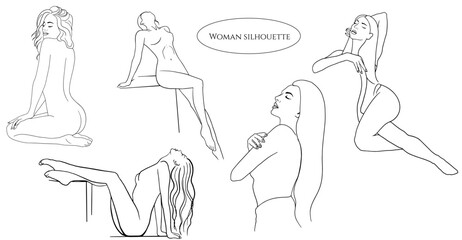Woman naked linear drawings collection. Vector fashion illustrations of a female body in a trendy oneline style. Elegant art. Design for posters, tattoos, lingerie store logos, female products