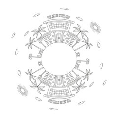 Round frame with a drawing of a city landscape, made in the style of line art. Editable stroke. Vector illustration