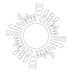 Round frame with a drawing of a city landscape, made in the style of line art. Editable stroke. Vector illustration