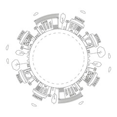 Round frame with a drawing of a city landscape, made in the style of line art. Editable stroke. Vector illustration