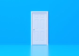 Closed white door in blue background room. Architectural design element. Minimal creative concept. 3D rendering 3D illustration