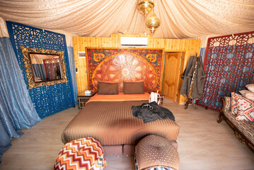 Inside in beduin tent in the desert Wadi Rum, the Jordan Kingdom