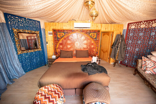 Inside in beduin tent in the desert Wadi Rum, the Jordan Kingdom
