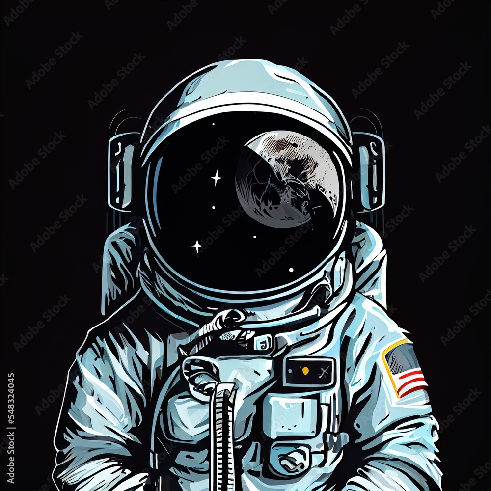 Poster A fictional person, not based on a real person. Portrait of an fictional astronaut in a spacesuit. High-tech astronaut from the future. The concept of space travel. 3D rendering