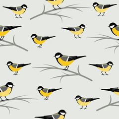 Seamless pattern with Great Tits sitting on branches. 