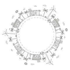 Round frame with a drawing of a city landscape, made in the style of line art. Element for creating a logo or emblem. Editable stroke.