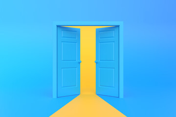Yellow light going through the opening doors in blue background room. Architectural design element. Minimal creative concept. 3D rendering 3D illustration