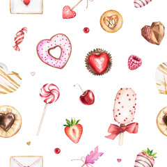 Watercolor Valentine's day seamless pattern. Sweet collection for paper design. Hand drawn illustrations on white background. Valentine card. Love, romance concept. Decorative textile design