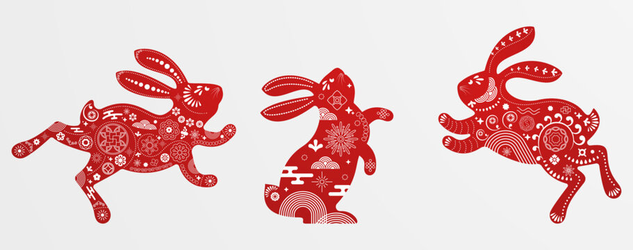 Set of jumping and sitting rabbit. Zodiac animals