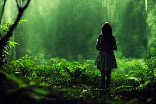 A girl in a dress standing in a green jungle, backview, abstract