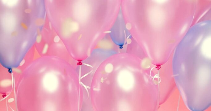 Confetti, balloons and party celebration on studio background for birthday, special event of holiday banner. Sparkle, shiny pink and blue balloon bunch to celebrate baby gender reveal announcement.