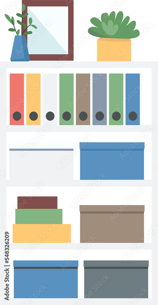 Poster open standing bookshelf semi flat color raster object. storing documents. full sized item on white. 