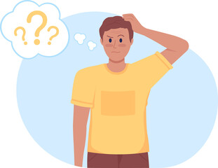 Confusion 2D  raster isolated illustration. Questioning and pensive flat character on cartoon background. Uncertain guy scratching head colourful scene for mobile, website, presentation