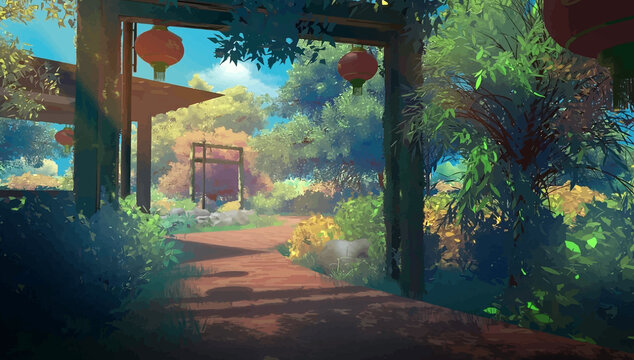 old Japanese house in the forest anime digital art illustration paint background wallpaper