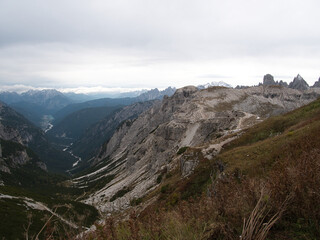 Panoramic views in autumn from above along Tre Cime di Lavaredo. Dolomites, Italy.