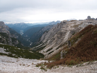 Panoramic views in autumn from above along Tre Cime di Lavaredo. Dolomites, Italy.