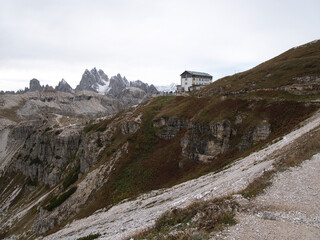 Panoramic views in autumn from above along Tre Cime di Lavaredo. Dolomites, Italy.