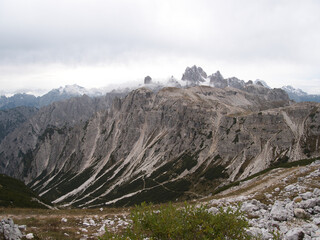 Panoramic views in autumn from above along Tre Cime di Lavaredo. Dolomites, Italy.