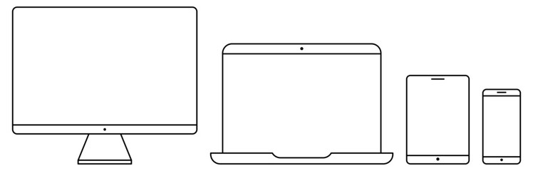 Set of personal devices icons. Line style illustration of laptop, pc, tablet and phone. Vector illustration