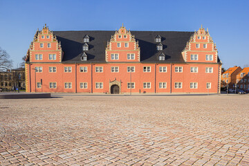 Cobblestoned castle square in the historic center of Wolfenbuttel, Germany
