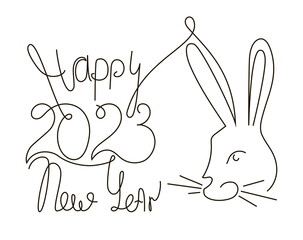 Happy New Year 2023 template in a continuous line style. Lettering along with a bunny head pattern. Design for banner, greeting card, brochure or print. Stock vector illustration