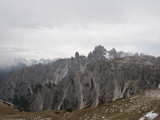 Panoramic views in autumn from above along Tre Cime di Lavaredo. Dolomites, Italy.