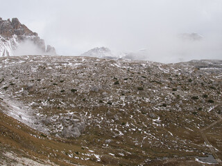 Panoramic views in autumn from above along Tre Cime di Lavaredo. Dolomites, Italy.