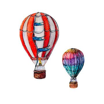 Watercolor set with colorful air balloons. Hand painted isolated on white background
