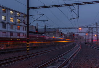 Fototapeta na wymiar View on Prague Liben railway station in rainy evening