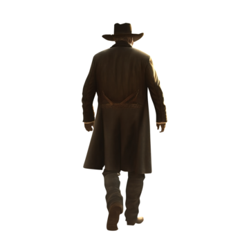 Man wearing a long leather trench coat walking away. Fantasy old