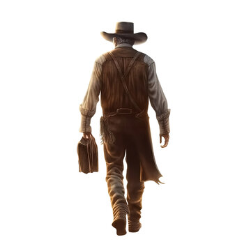 Wild West Cowboy Bandit Walking Away With His Back To The Viewer. Back View Man Wearing Vintage Western Clothes And Holding A Travel Case. Isolated Transparent Background.