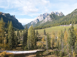 Fototapeta na wymiar Along the meadows surrounding La Villa. Dolomites, Trentino-Alto Adige region, Italy.