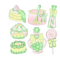 set of green cakes and sweets