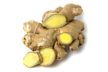 ginger rhizome with sliced  isolated on white background.