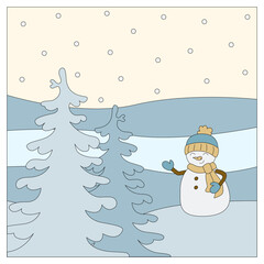 Christmas cartoon snowman winter landscape