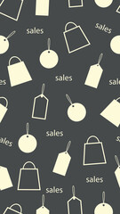 Sales seamless patterned background for social media. Vertical pattern with shopping bag, labels and text. Loopable wallpaper for discount. Prices brochure. Gray, white, beige. Flat design. Copy space