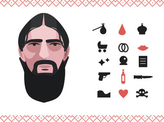 Grigori Rasputin image, vector illustration of Rasputin with icons related to his life