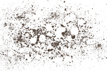 Wet mud, stains and water droplets texture isolated on white background, top view and clipping path