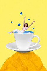 Vertical creative photo collage illustration of funny happy carefree girl enjoy morning cup of...