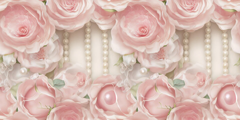 Seamless Wedding floral frame or border with elegant rose flowers and pearls on a pink background, place for text. Floral repeat pattern with flowers for fabrics, wedding invitations, festive cards
