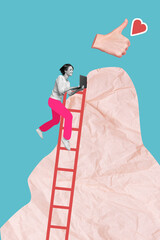 Photo collage cartoon comics sketch picture of purposeful lady walking ladder up working modern...
