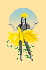 Collage photo of young healthy positive good mood lady posing hold palms balance gerbera dress...